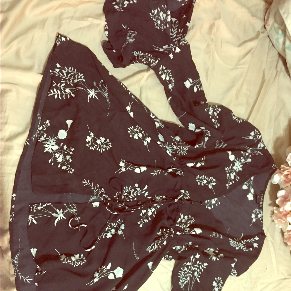 Black and white floral semi sheer blouse